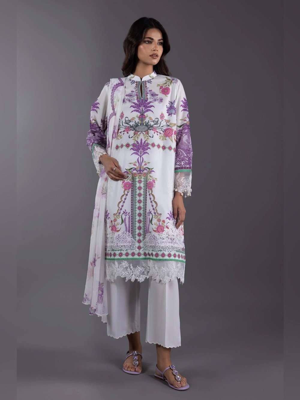 White & Purple Embroidered Kurta Set with Floral Print